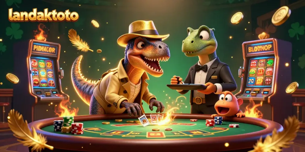landaktoto menghadirkan situasi menarik di meja blackjack dengan karakter dinosaurus yang strategis.