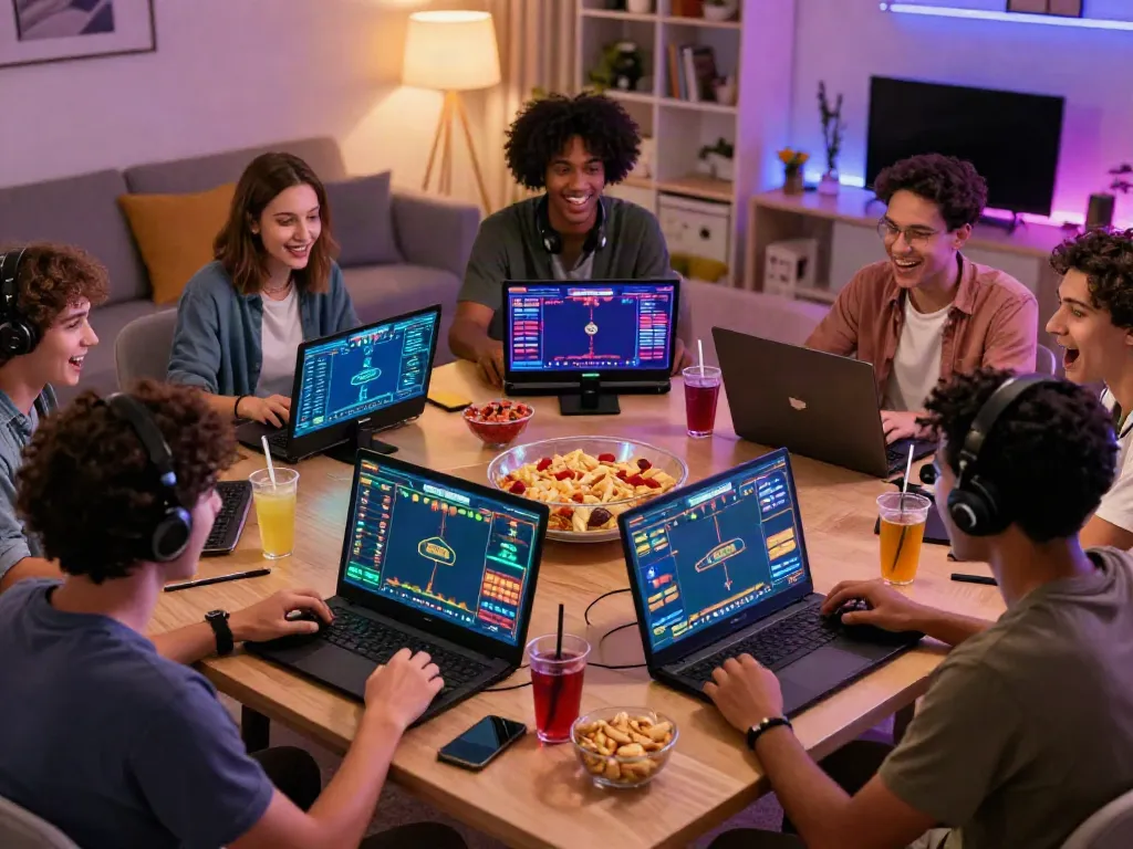 Friends enjoying a lively togel online gaming session together in a cozy living room.