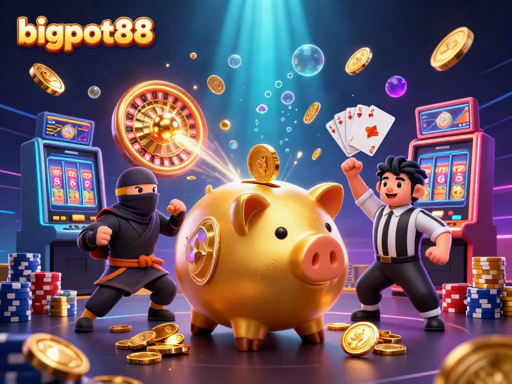 Experience the excitement of bigpot88 with a vibrant 3D casino scene featuring piggy bank sumo wrestlers, coins, and jackpots.