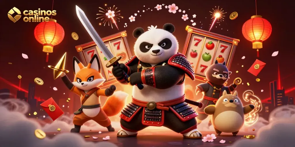 Juega en casinos online mientras observas al panda samurái dibujando su katana entre fuegos artificiales y monedas de la suerte