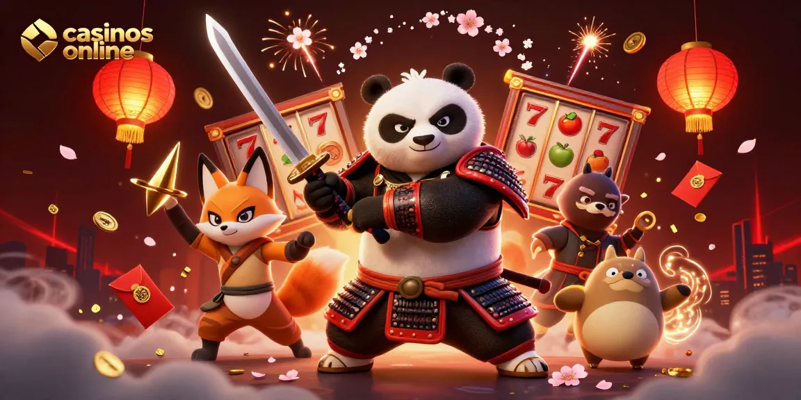 Juega en casinos online mientras observas al panda samurái dibujando su katana entre fuegos artificiales y monedas de la suerte