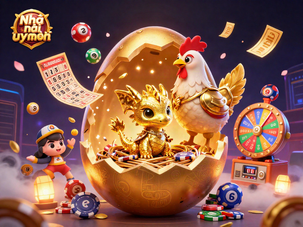 Play exciting games at Nhà cái uy tín, witnessing a golden dragon and poker chips amid a dynamic casino scene.