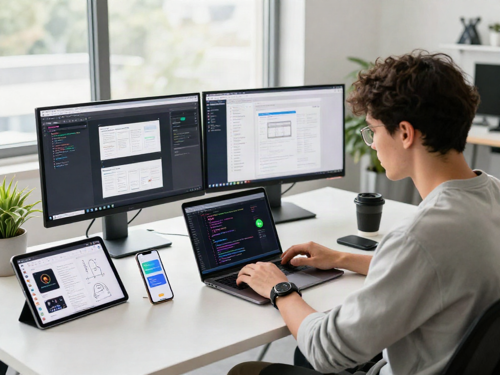 Engaging workspace with tech enthusiast customizing gb whatsapp on laptop, surrounded by colorful code and design elements.
