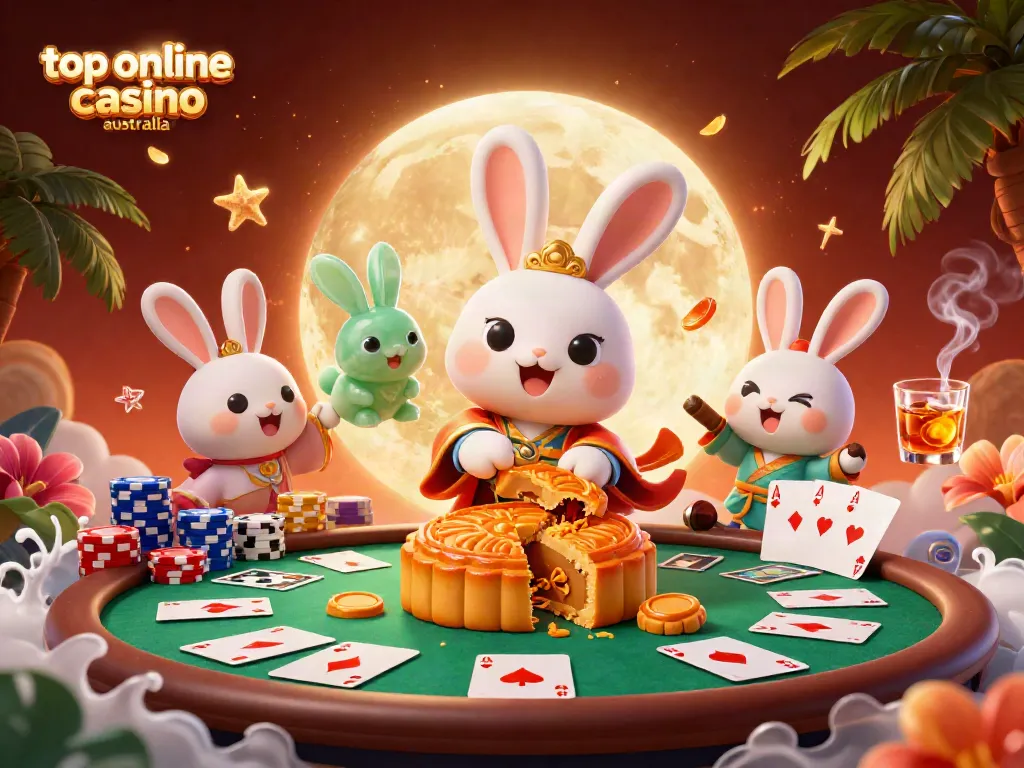 Experience top online casino Australia with a lively illustration showcasing a moon rabbit and poker elements.
