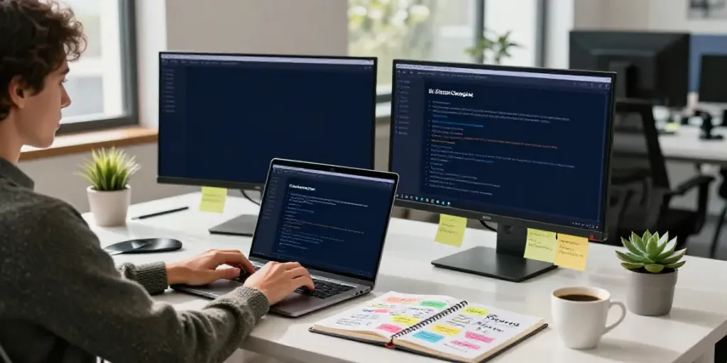 Content marketing specialist utilizing an AI category page content generator in a modern workspace.