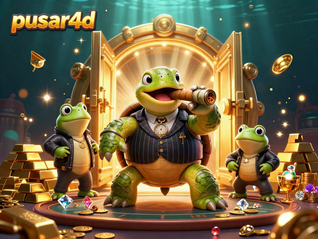 Pusar4d showcases a vibrant turtle in a suit surrounded by gold and jewels in a casino scene.