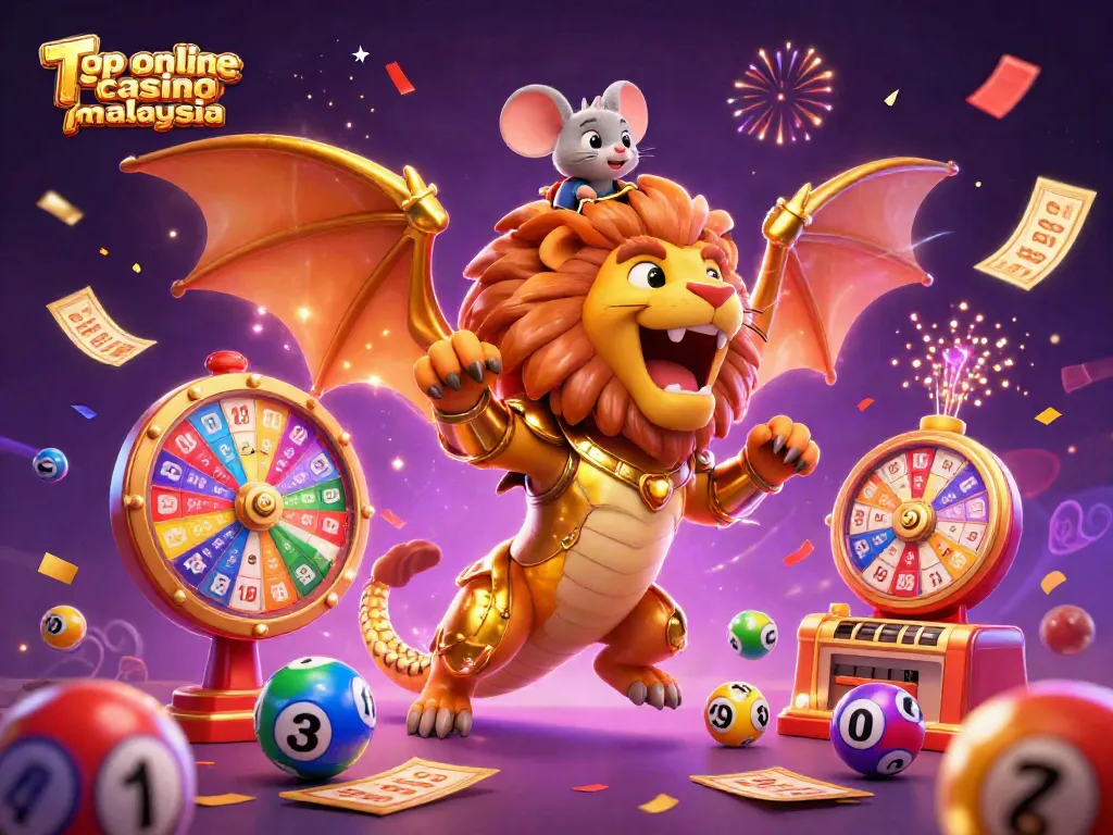 A colorful scene showing the excitement of top online casino Malaysia with a golden chimera, mouse jockey, and dynamic lottery elements.