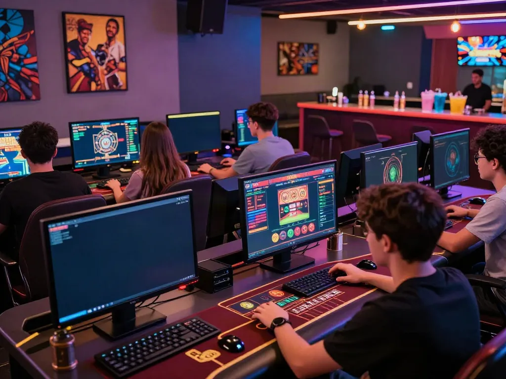 Dynamic gaming scene showcasing players engaged in online gaming on multiple screens, highlighting qqmacan's vibrant community.