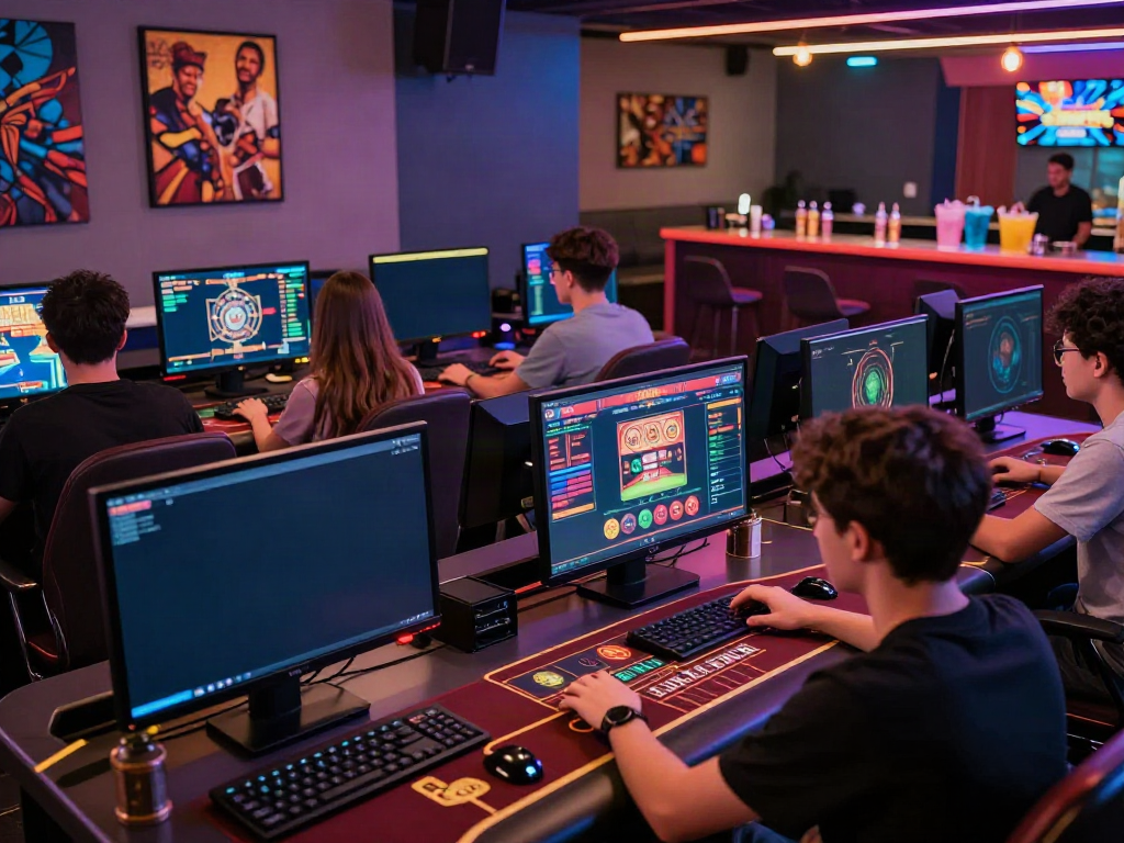 Dynamic gaming scene showcasing players engaged in online gaming on multiple screens, highlighting qqmacan's vibrant community.