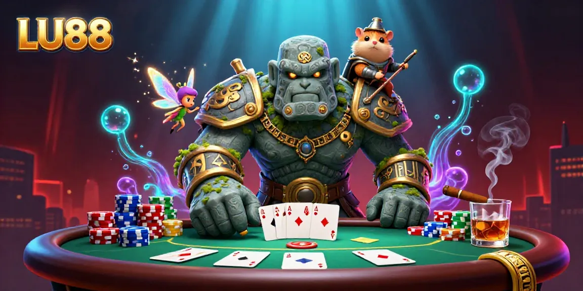 Bet on LU88 with vivid 3D characters enjoying poker surrounded by colorful gaming elements.