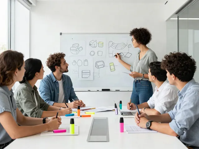 Highlighter pen supplier team brainstorming innovative designs in vibrant workspace.