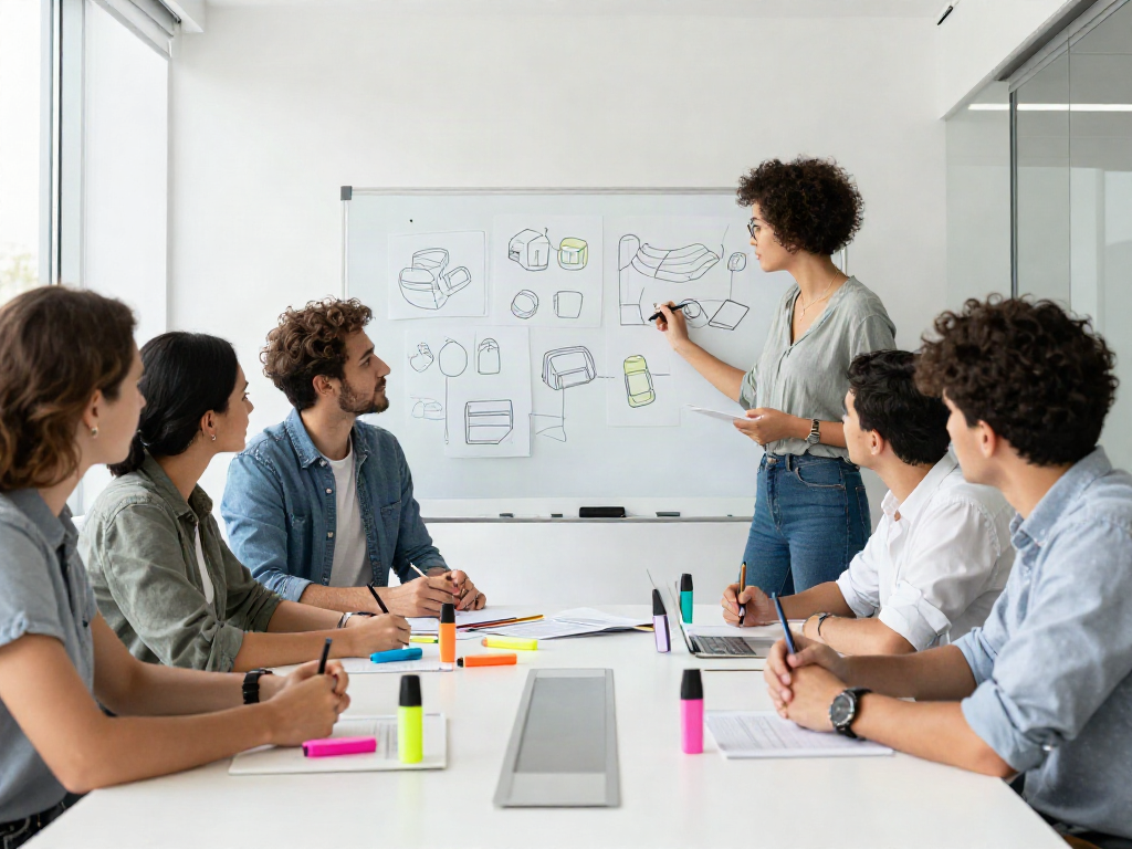 Highlighter pen supplier team brainstorming innovative designs in vibrant workspace.