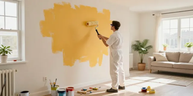 Painter applying vibrant colors in a living room as part of painting services project.
