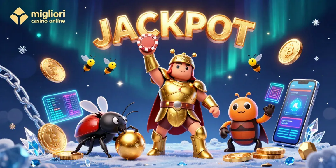 Migliori casino online con un eroe scarabeo in armatura dorata che solleva una chip in un trionfo, circondato da monete di criptovalute.