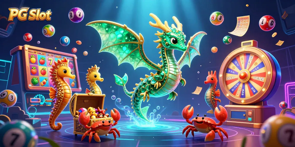Gambarkan PG Slot dengan simbol slot dan elemen lotere yang dinamis dalam ilustrasi 3D yang menakjubkan
