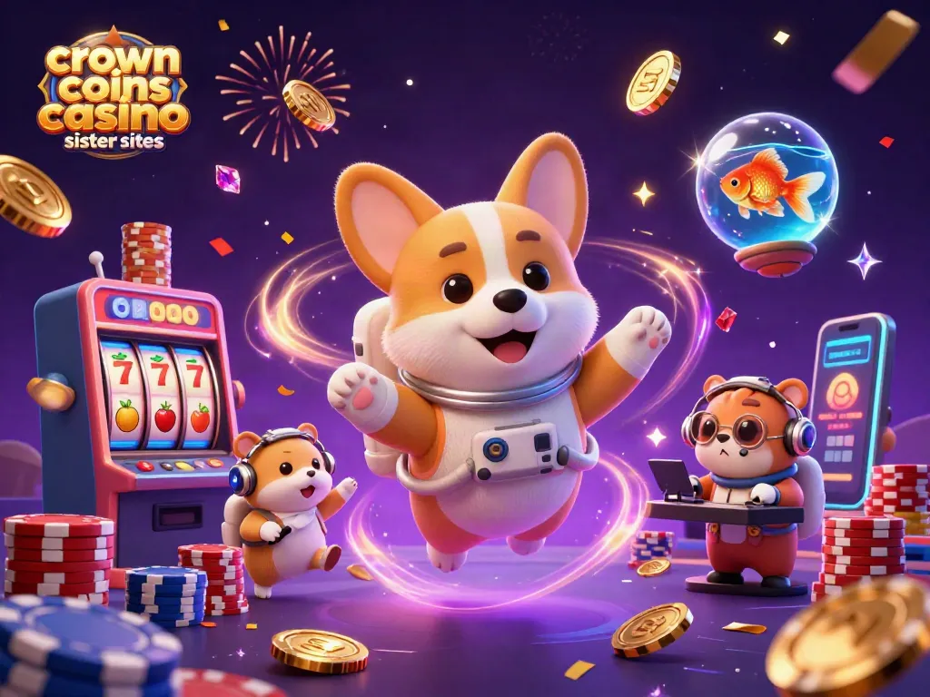 Spinning slot reels and golden coins show crown coins casino sister sites in a vibrant space casino scene.
