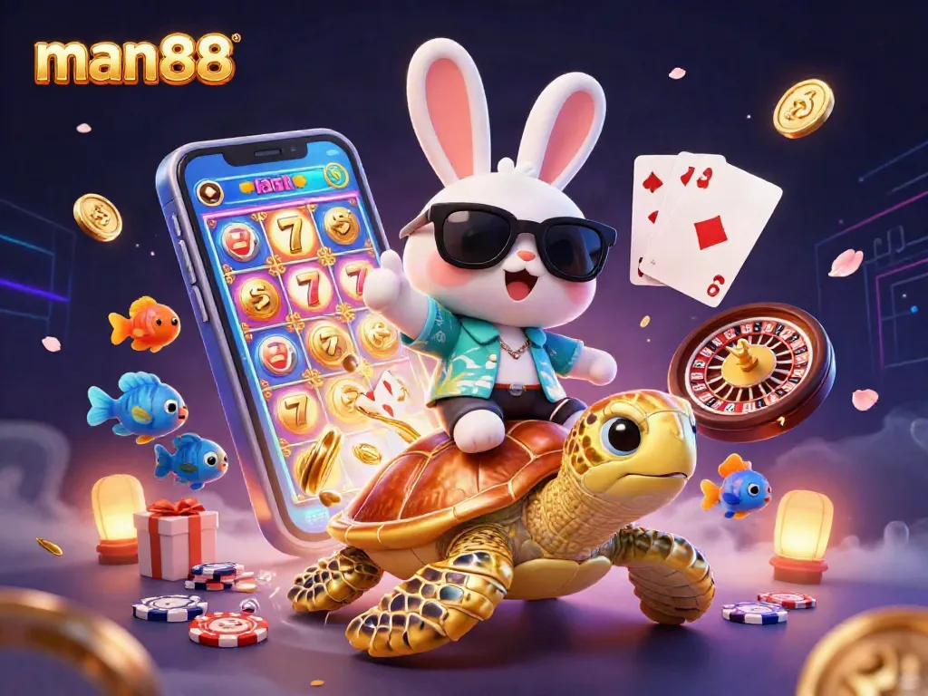 Experience the fun of gambling with man88's colorful gaming scene featuring vibrant characters and engaging casino elements.