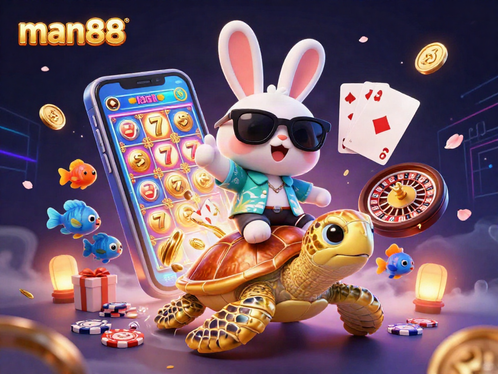 Experience the fun of gambling with man88's colorful gaming scene featuring vibrant characters and engaging casino elements.