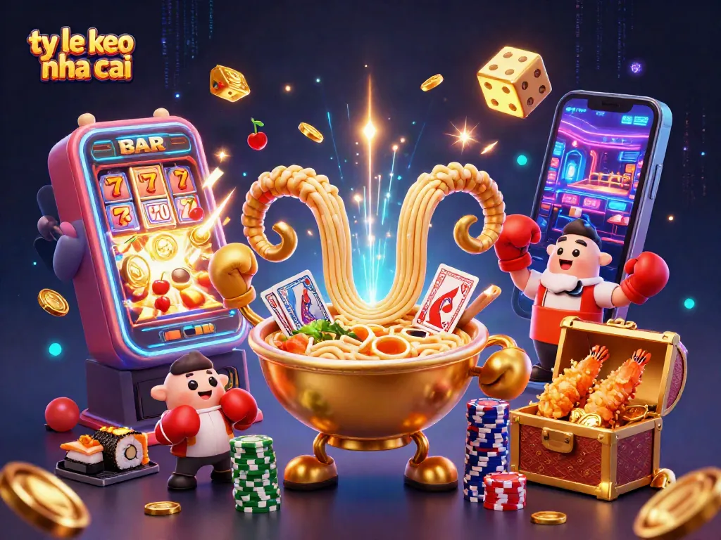 Experience ty le keo nha cai as a giant ramen bowl deals cards surrounded by dynamic casino elements.
