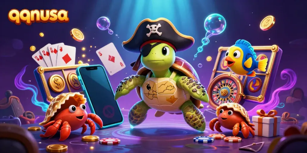 Experience the thrilling world of qqnusa, featuring a pirate turtle, treasure, and vibrant casino games.