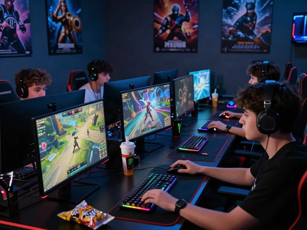 Bigdewa login scene with gamers using high-tech setups in vibrant atmosphere