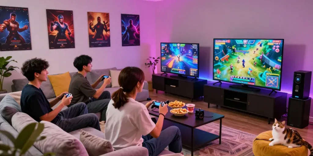 Excited players enjoying PG电子 games in a modern living room, vibrant screens glowing.