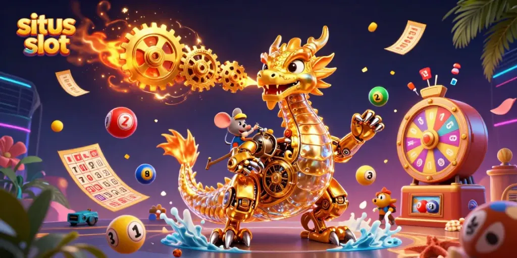 Engage with situs slot's thrilling gaming experience featuring a golden dragon and dynamic lottery elements.