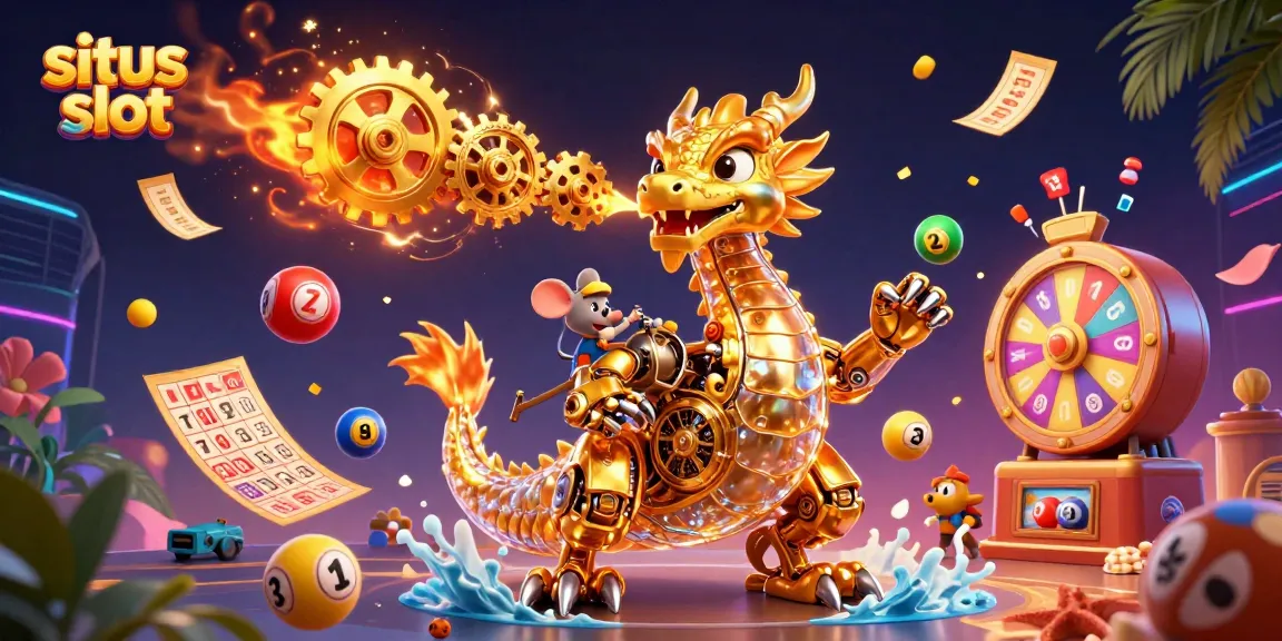 Engage with situs slot's thrilling gaming experience featuring a golden dragon and dynamic lottery elements.