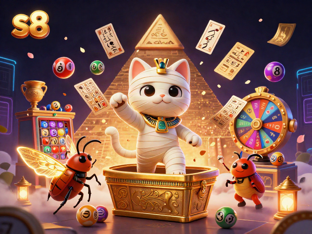 Experience the thrill of s8 gaming with a vibrant 3D casino illustration featuring an Egyptian mummy cat.