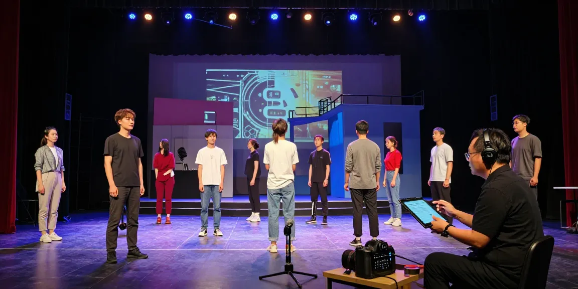 Innovative rehearsal scene in theatre with actors and tech integration showcasing innovation in theatre.
