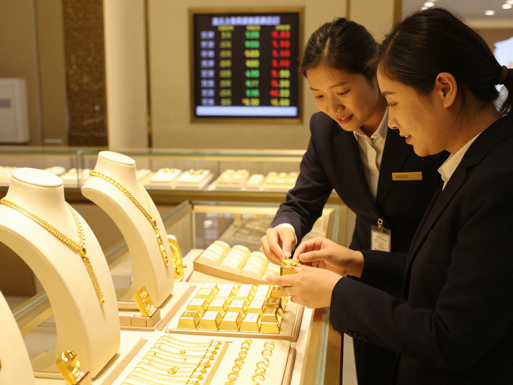 mantra88 engagement in an elegant gold jewelry shop showcasing 24K gold pieces and customer interactions