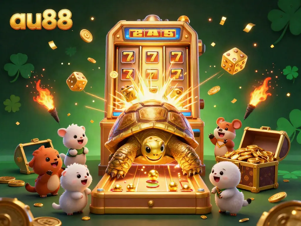 Experience the excitement of au88 with a vibrant 3D illustration featuring a colossal golden tortoise and dynamic casino elements.