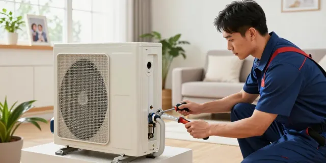 Technician performing heat pump and gas heater replacement in a modern home setting.