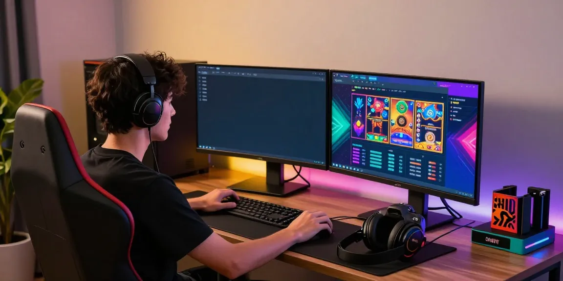 PESGSLOT gaming platform interface displayed on dual monitors with vibrant slot games and gaming accessories in a modern workspace.