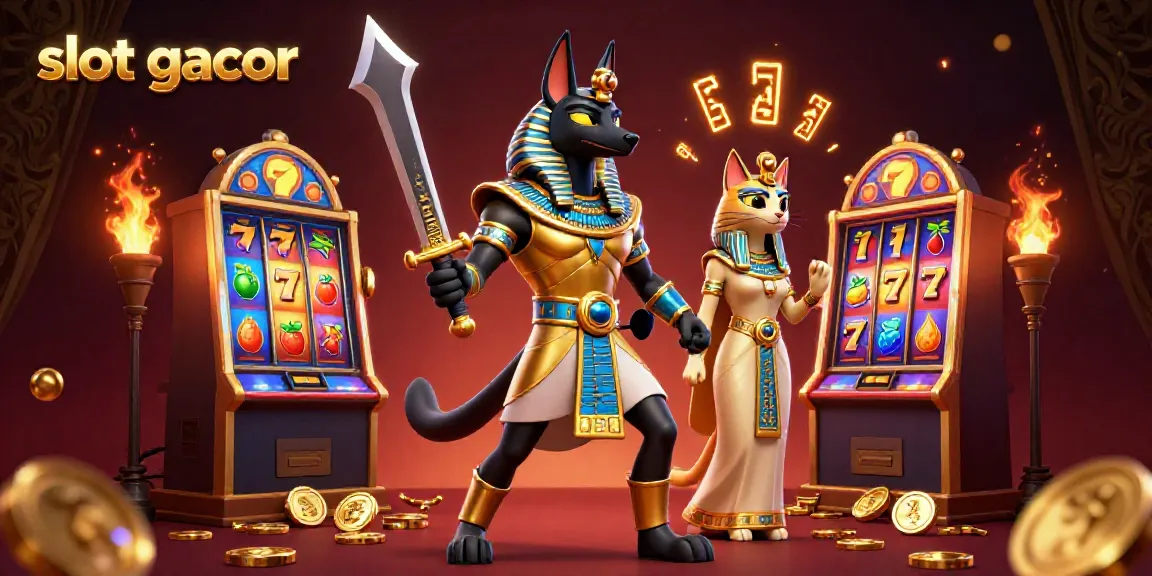 Slot gacor yang memukau dengan Anubis dan Bastet dikelilingi mesin slot dan elemen kasino.