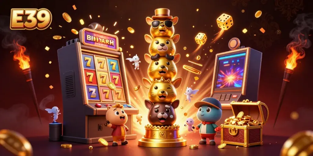 E39 players enjoying various casino games with vibrant slot machine and festive elements.