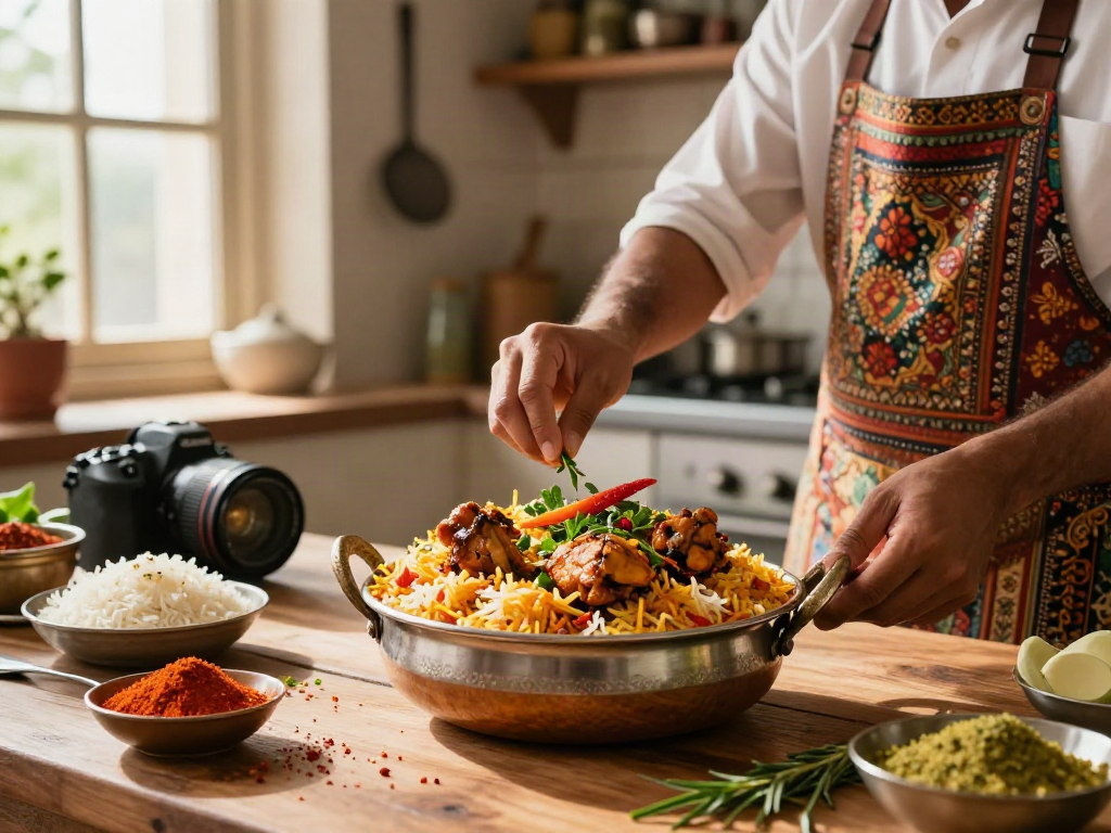 Delicious recipe for chicken biryani served in a traditional pot with vibrant spices and herbs.