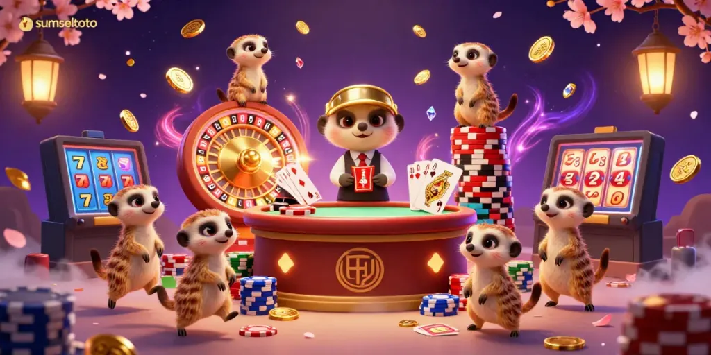 Experience the thrilling gameplay of sumseltoto with meerkats managing a vibrant casino scene amidst cascading coins and sparkling gems.