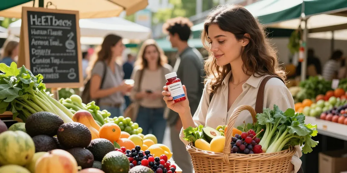 Woman examining vegan astaxanthin supplements in an organic market, surrounded by fresh produce.