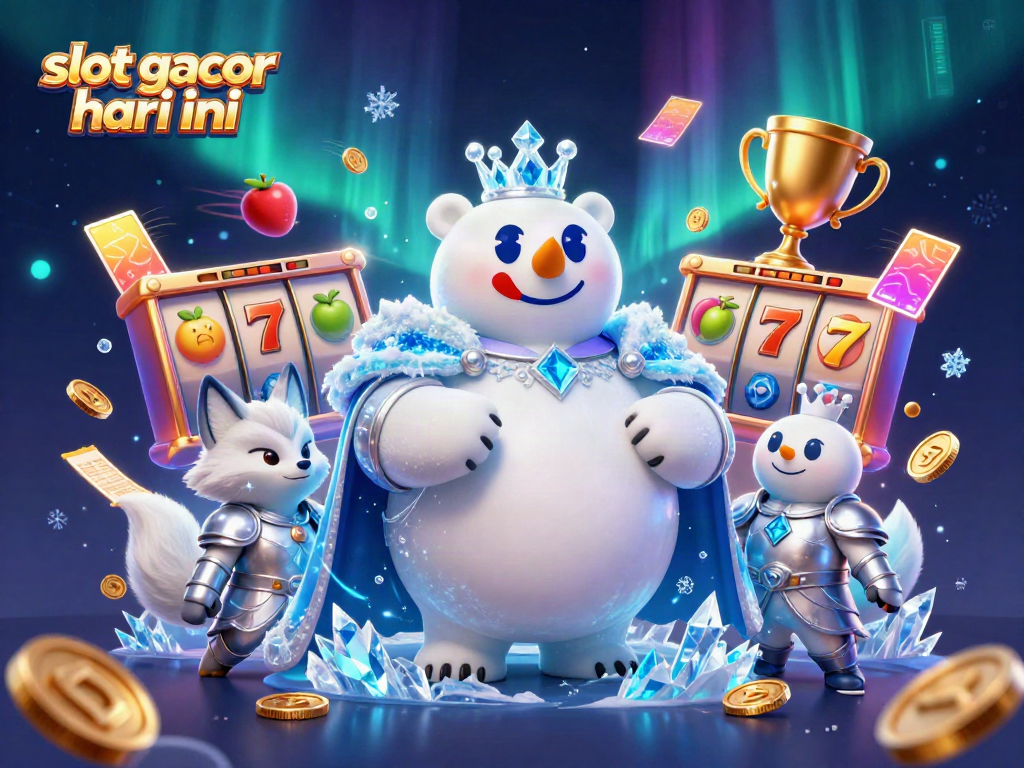Engage with slot gacor hari ini through a vibrant scene of a polar bear and snow fox amidst gaming elements.