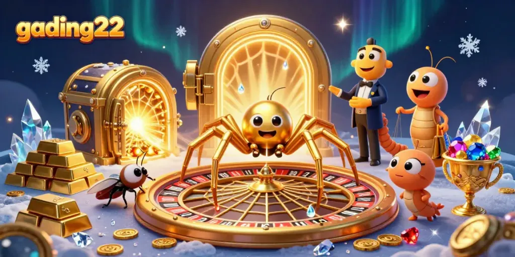 Engage with gading22's vibrant casino scene featuring a golden spider and croupier elements.