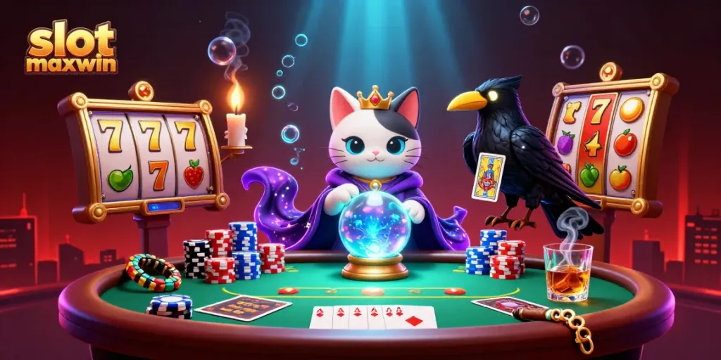 Engage in thrilling gameplay at slot maxwin, featuring dynamic scenes of winning reels, symbols, and vibrant characters.