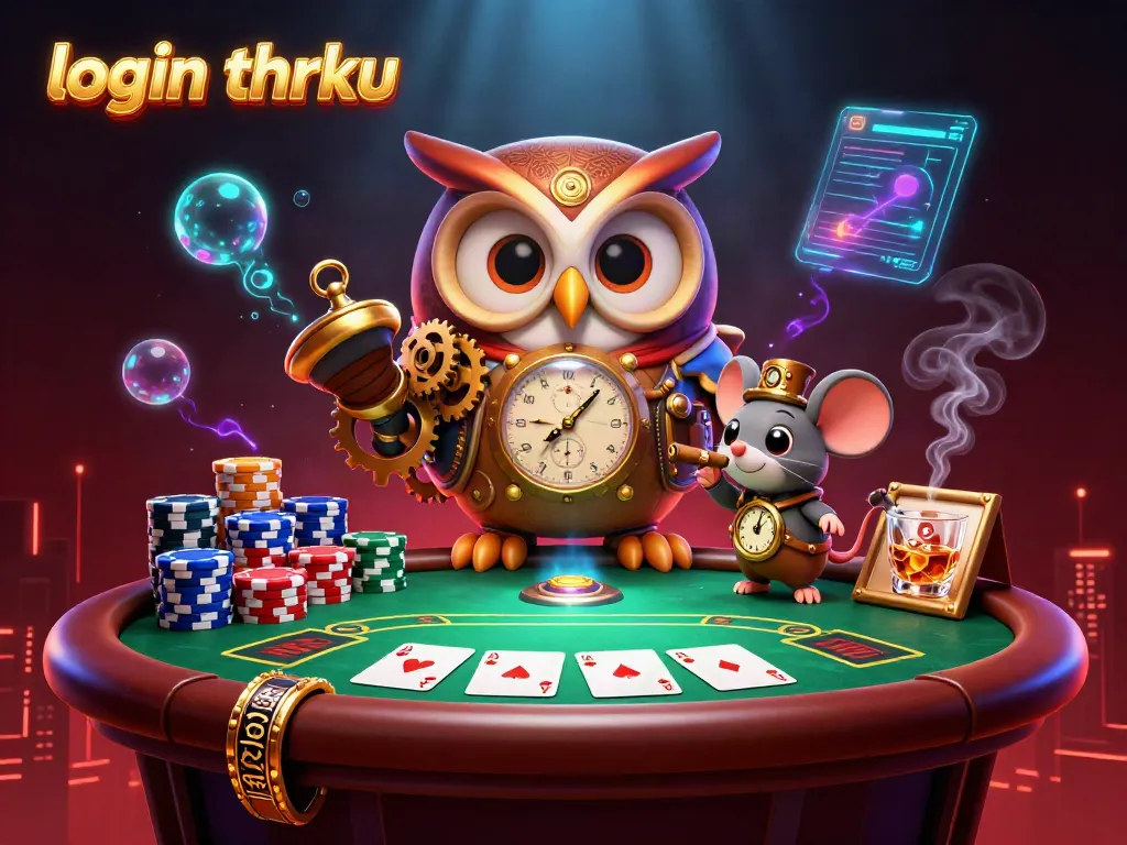 Engage with login thrku at this vibrant 3D casino scene featuring an owl and mouse, surrounded by poker excitement.