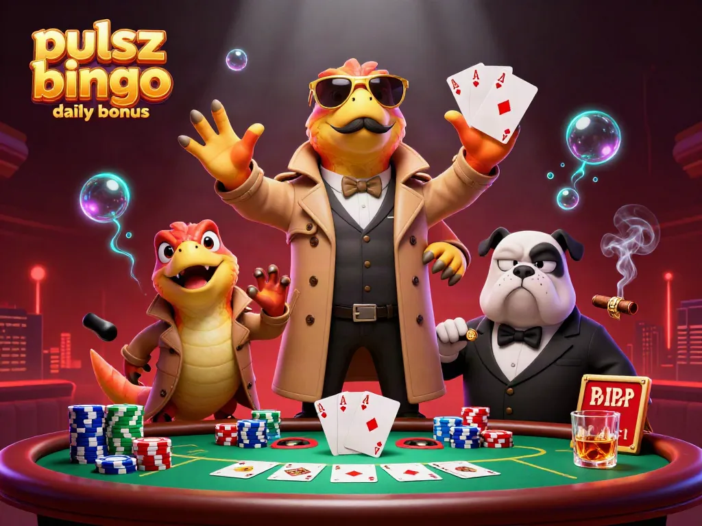 Pulsz bingo daily bonus scene with raptors in trench coat amidst vibrant poker game elements