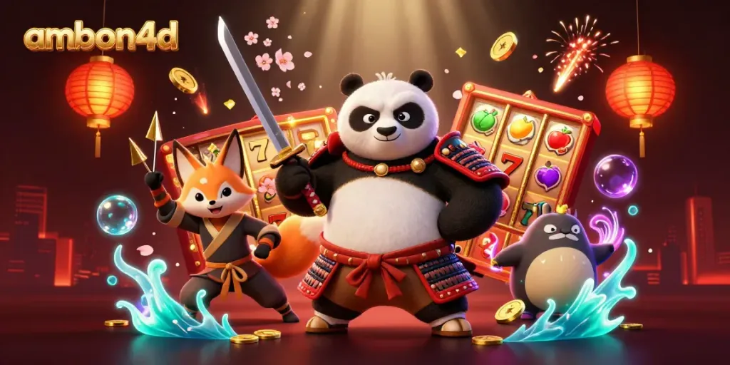 Engaging scene of ambon4d featuring a samurai panda and ninja fox playing slots with energetic elements