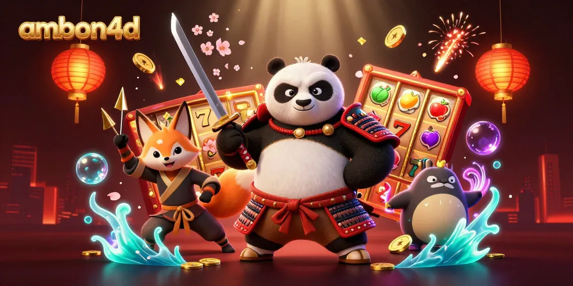 Engaging scene of ambon4d featuring a samurai panda and ninja fox playing slots with energetic elements