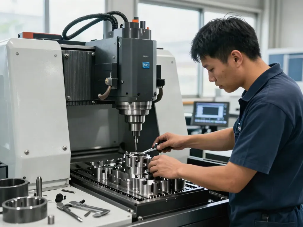 CNC machining parts being precisely crafted in a professional workshop environment.