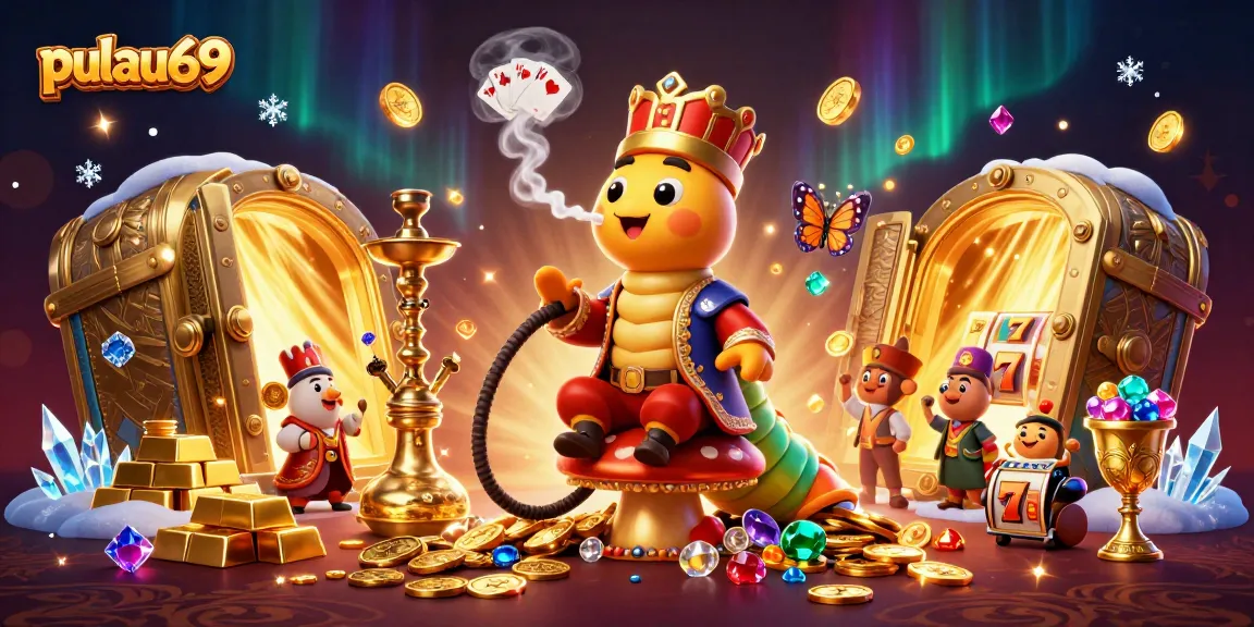 Experience pulau69 with vibrant imagery of a 3D caterpillar casino scene featuring slot reels, gold, and gems.