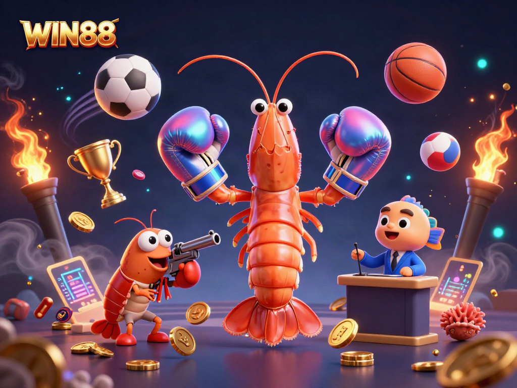 Watch WIN88 come alive in this dynamic cartoon illustration featuring vibrant casino elements.