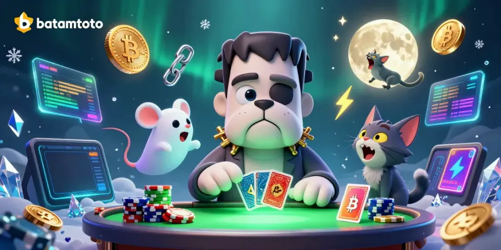 Engage in thrilling batamtoto casino action with vibrant characters at a spooky green table.